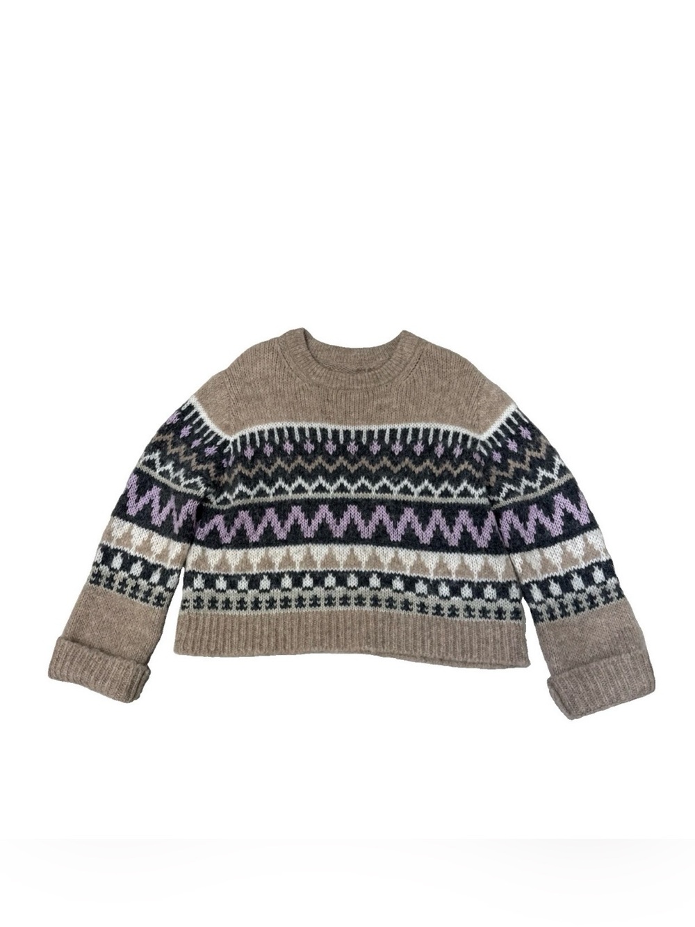Velvet by Graham & Spencer Alpaca Blend Fair Isle Beige Knit Pullover Sweater L